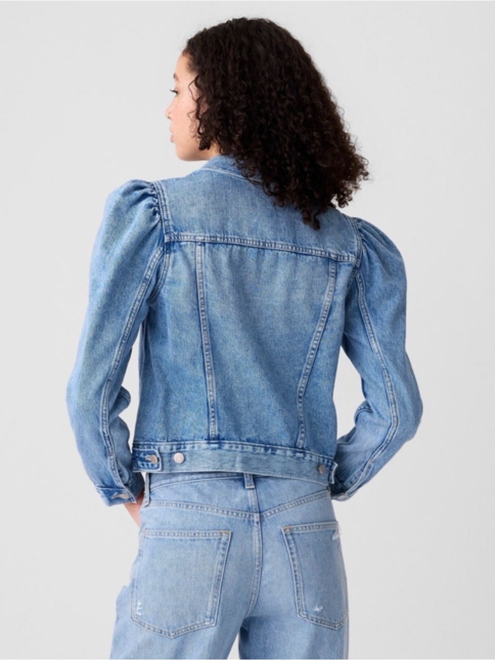 Gap Puff Sleeve Denim Jacket XL Medium Wash Statement Sleeve - Picture 3 of 11